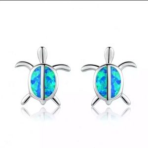 Sterling Silver Blue Opal Turtle Earrings